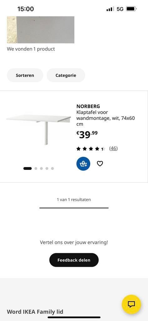 IKEA NORBERG Klaptafel voor wandmontage, wit, 74x60 cm, Overige materialen, Gebruikt, 100 tot 150 cm, Tot twee personen