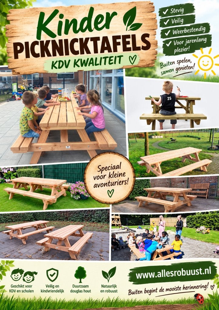 KDV kwaliteit kinderpicknicktafel tot 4 meter lang 14 kinder, Tuin en Terras, Kinderpicknicktafel, Nieuw, Ophalen of Verzenden