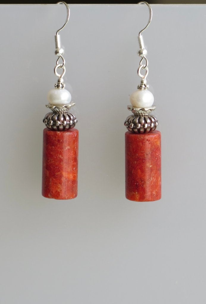 Prachtige oorbellen met Sponskoraal en parel, zilver, Sieraden, Tassen en Uiterlijk, Oorbellen, Hangers, Verzenden, Nieuw, Met edelsteen
