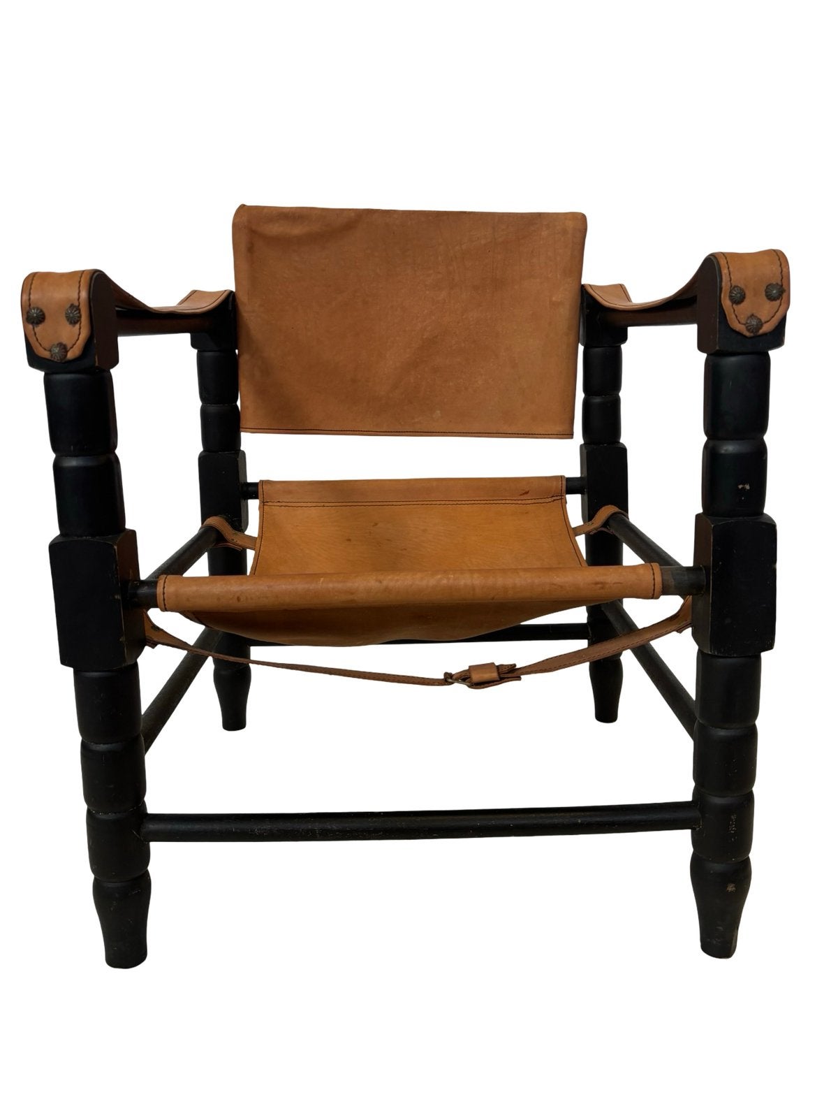 Vintage Safari fauteuil leer en hout jaren 60 design, Huis en Inrichting, Stoelen, Bruin, Vintage, Zo goed als nieuw, Eén
