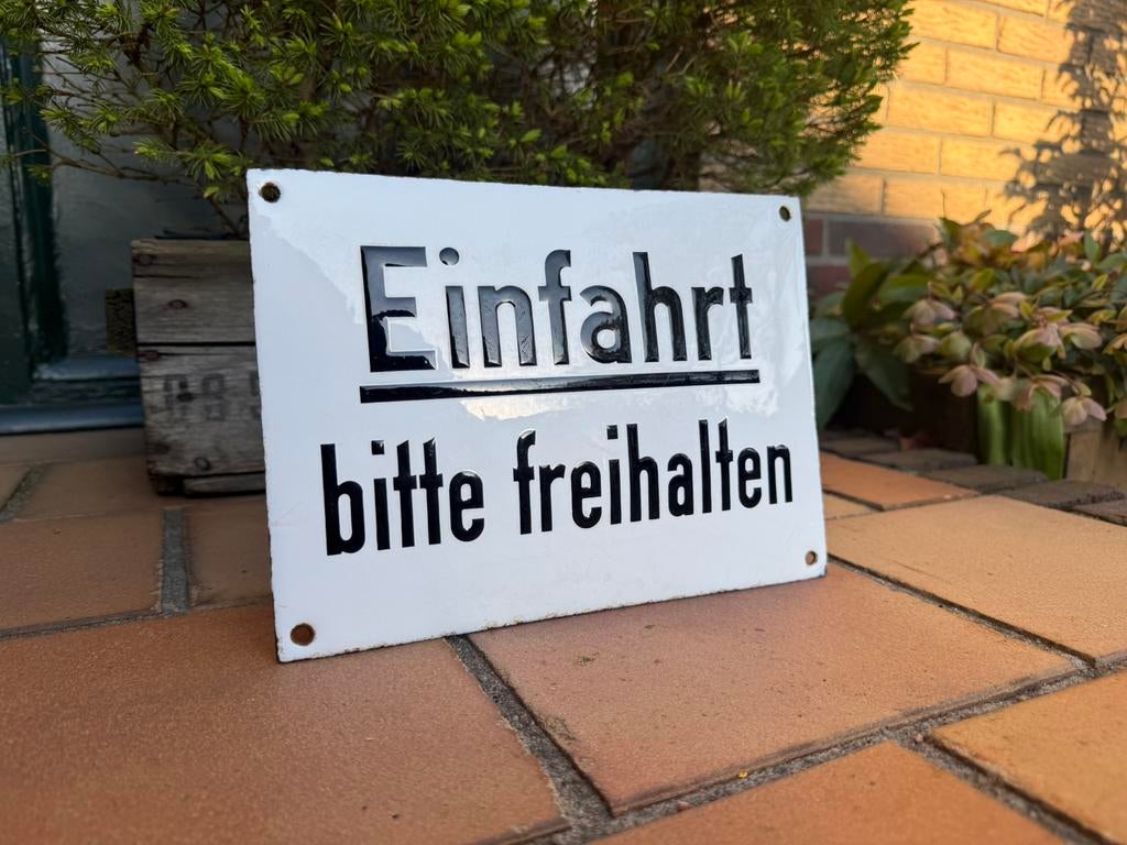 Oud emaile bord inrit vrijhouden einfahrt bitte freihalten, Antiek en Kunst, Antiek | Emaille, Ophalen of Verzenden