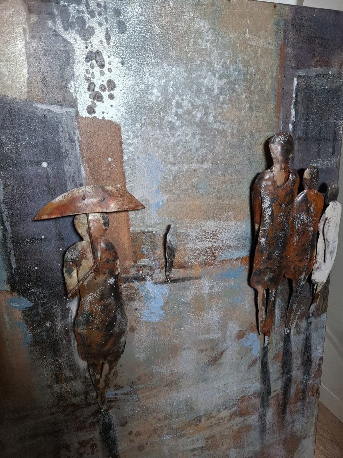 Metalen schilderij met 3D figuren, Ophalen, Gebruikt, Schilderij, 100 tot 125 cm