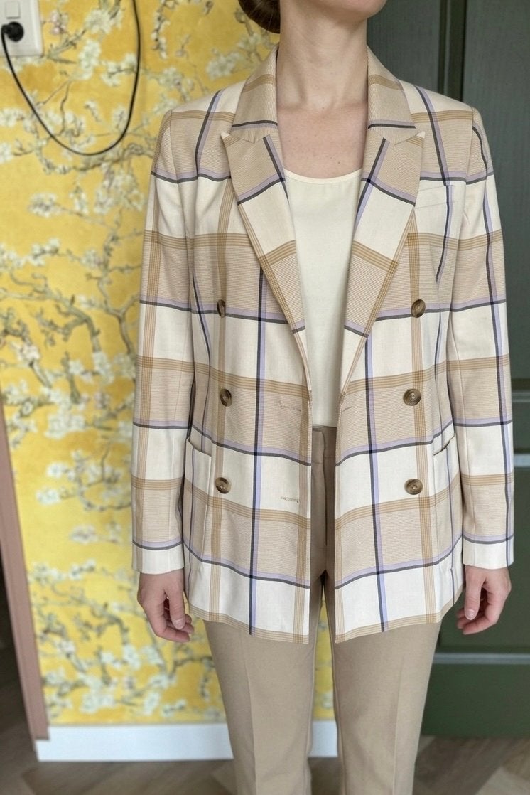 Claudia Sträter Geruite Double-Breasted Blazer - Maat 38, Maat 38/40 (M), Beige, Ophalen of Verzenden, Zo goed als nieuw