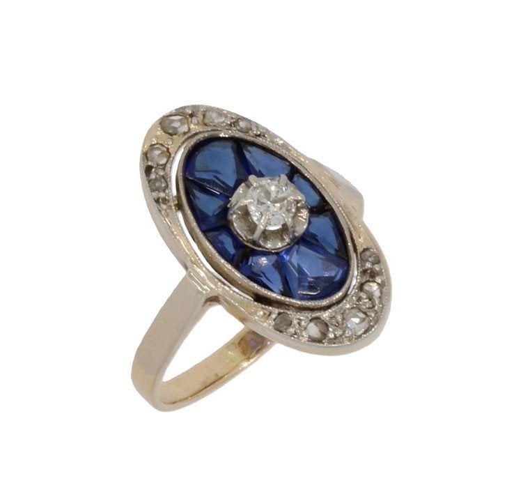 Art Deco diamant saffier 14k ring goud uniek dames antiek, Ophalen of Verzenden, Goud, Ring, Met edelsteen