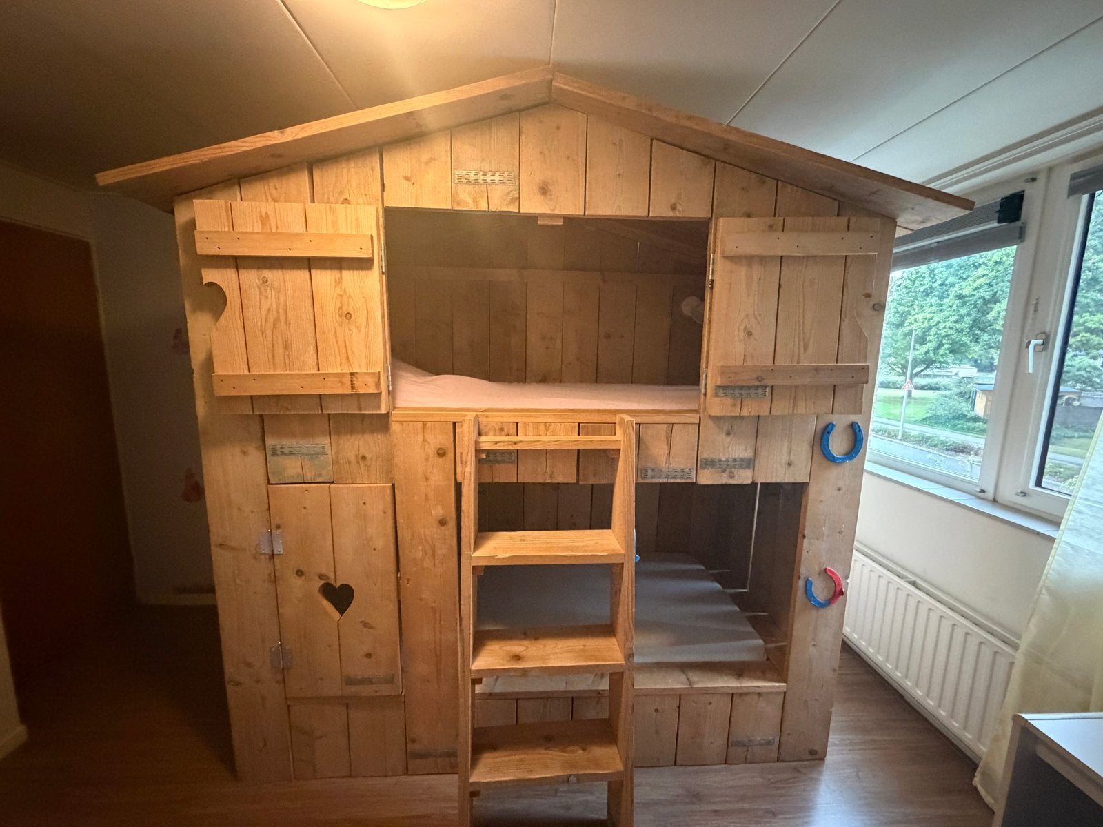Houten stapelbed - huisje boomhut, Ophalen, Gebruikt, 90 cm, Tweepersoons