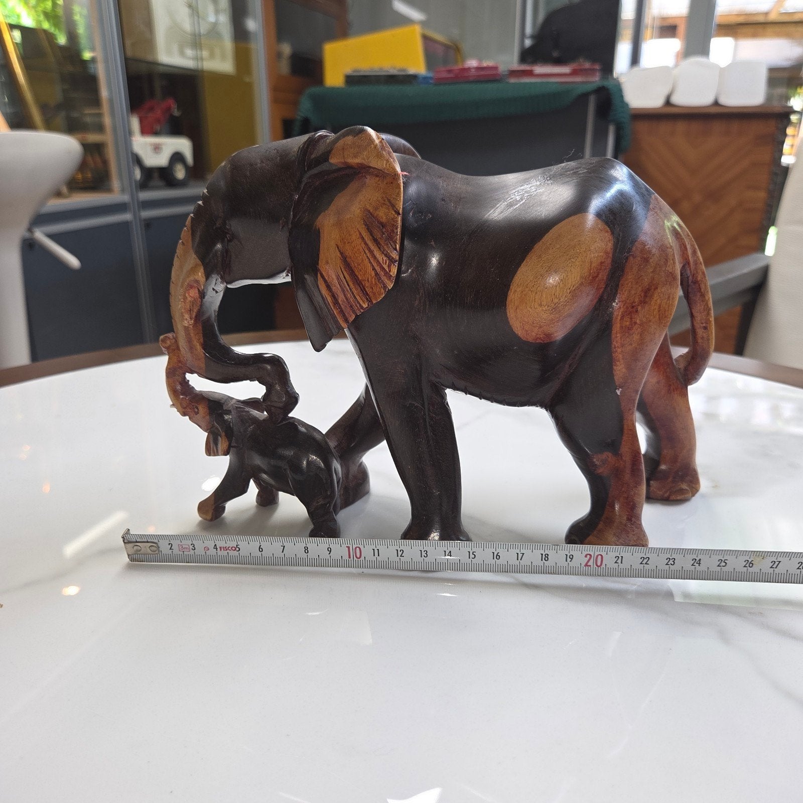 Vintage Ebbenhouten Olifant met Kalf - Handgesneden, Ophalen of Verzenden, 20 - 50 cm, Beeld, Hout