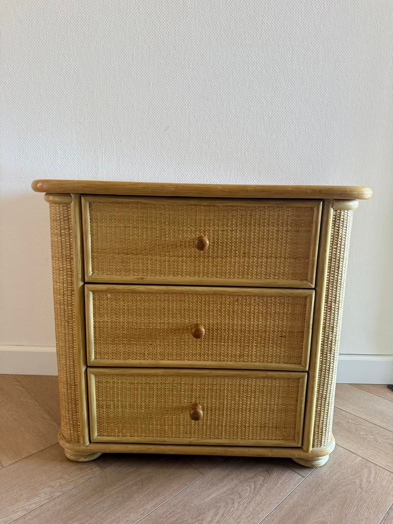 Vintage rotan ladekast met 3 laden, Huis en Inrichting, Kasten | Ladekasten, Gebruikt, Minder dan 100 cm, 50 tot 100 cm, 25 tot 50 cm