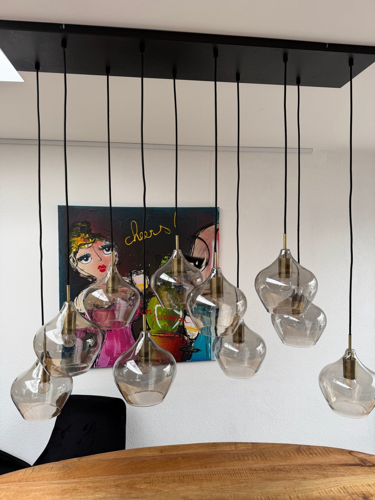 Moderne hanglamp met 10 glazen bollen, Ophalen, Zo goed als nieuw, Glas, E27 (groot)