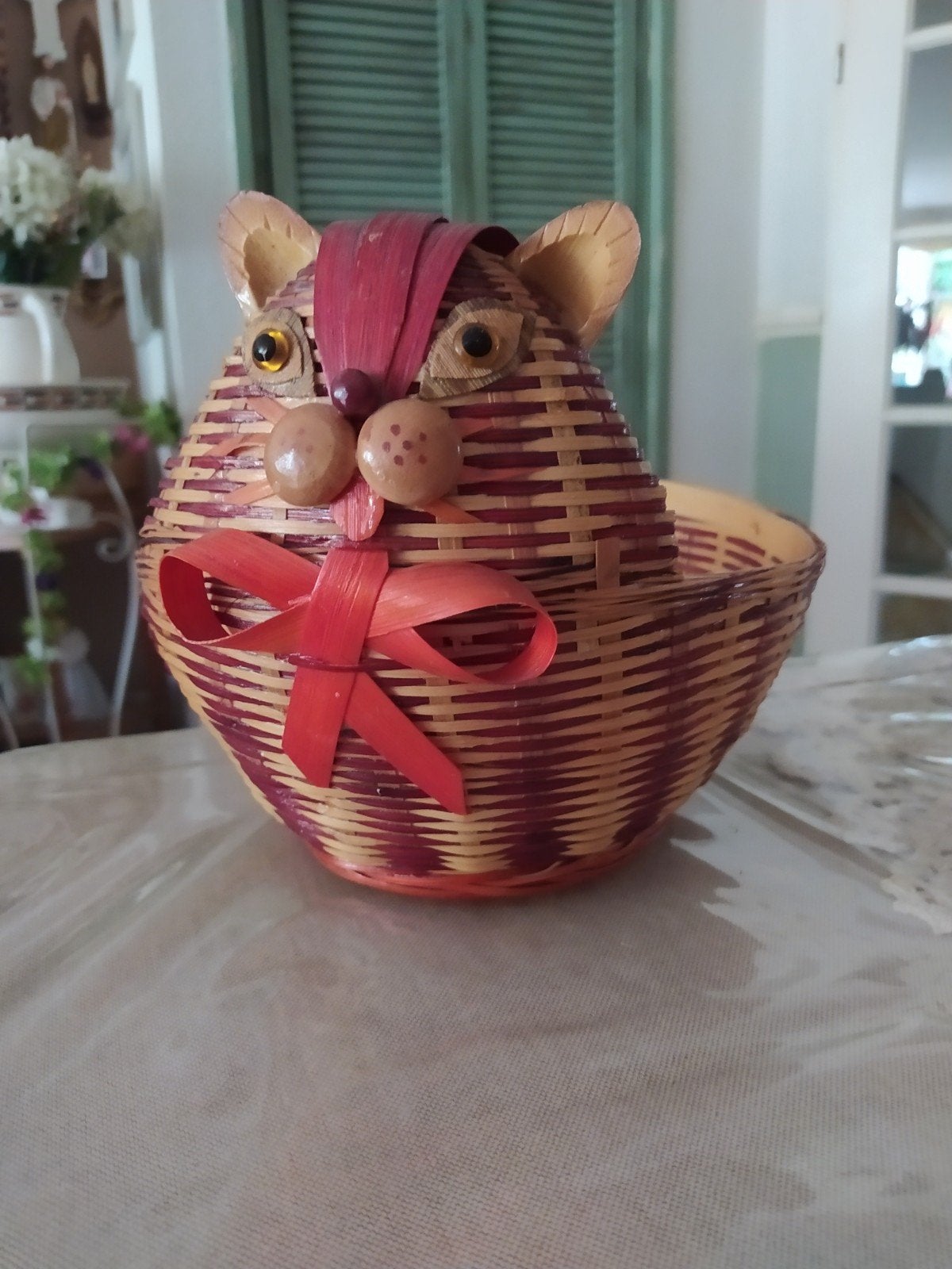vintage boho retro style rieten mandje kat, Ophalen of Verzenden, Rond, Riet