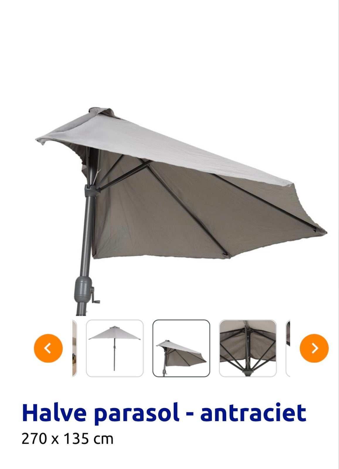 Balkonparasol - antraciet 270 x 135 cm, Tuin en Terras, Parasols, Ophalen, Nieuw, 2 tot 3 meter, Muurparasol