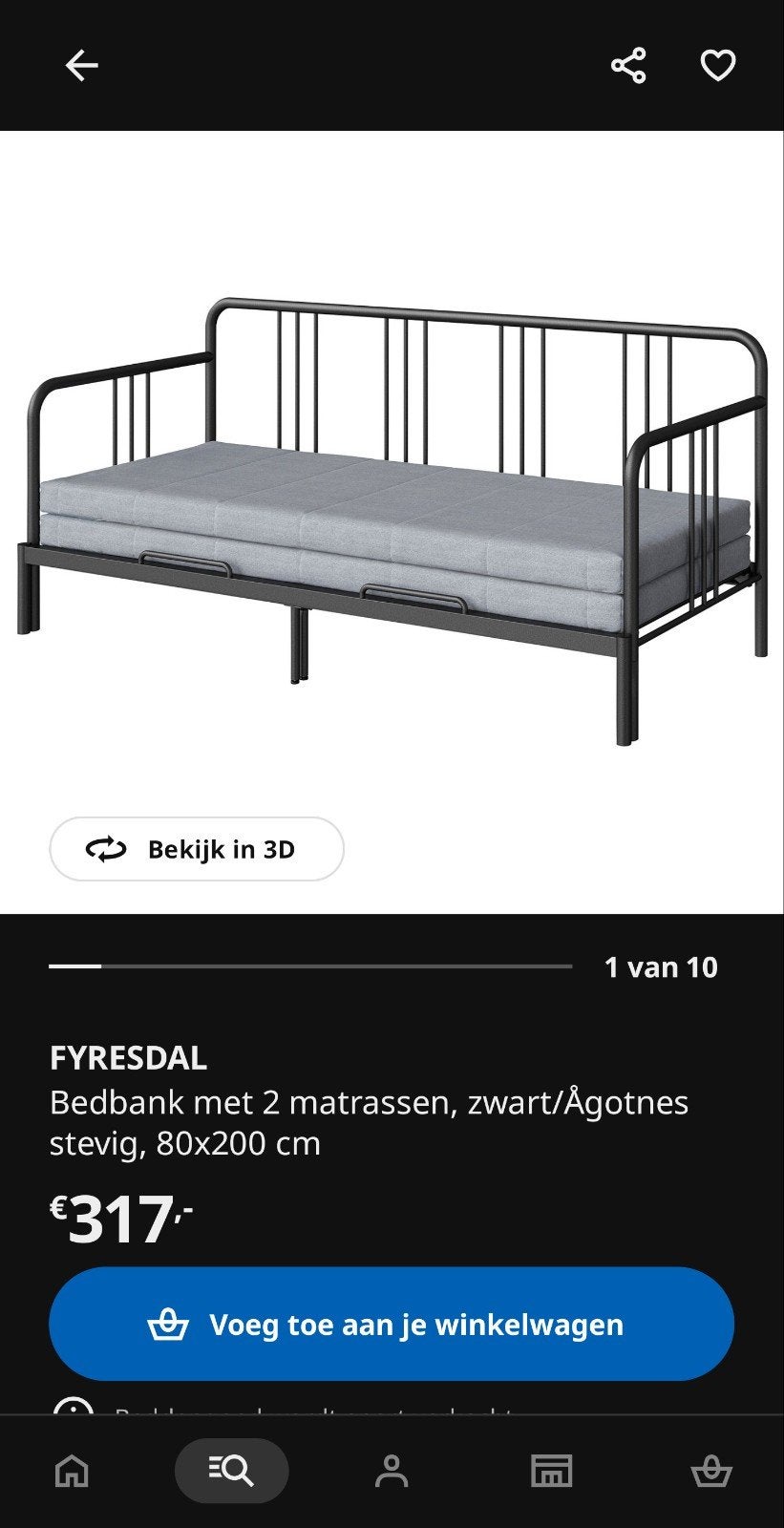 IKEA Fyresdal bedbank met 2 Malfors matrassen, Ophalen, Modern, Industrieel, Zwart, Tweepersoons