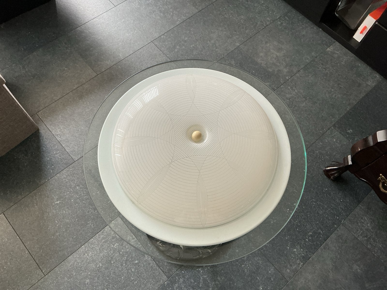 Plafondlamp met plastic kap - Doorsnede 38 cm, Ophalen, Gebruikt, Glas, Wit