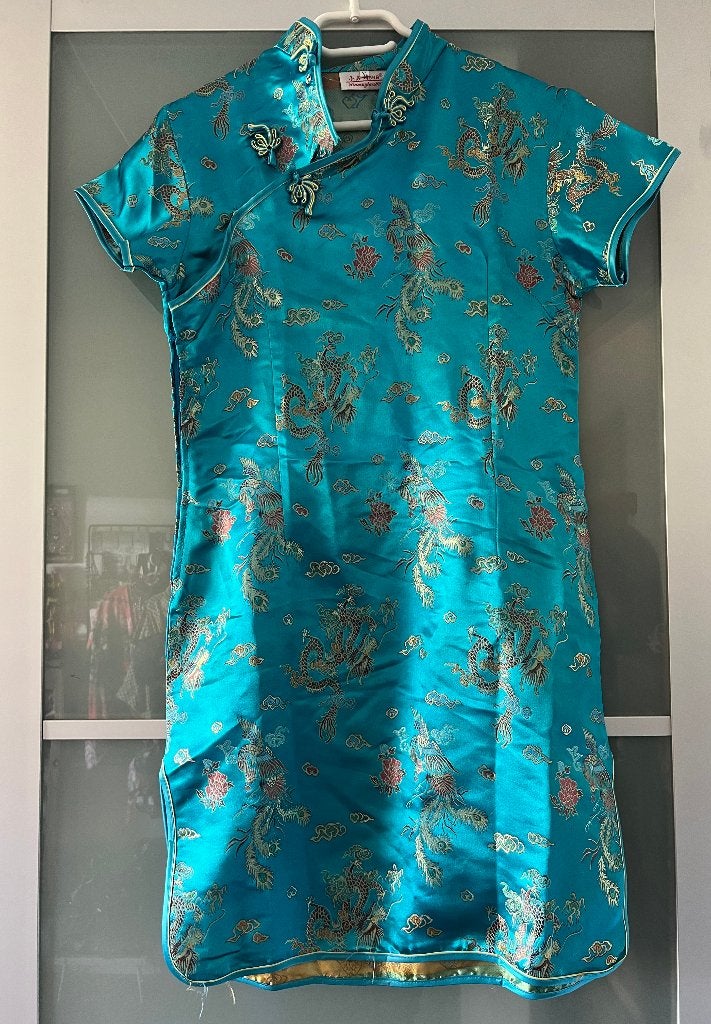 Vintage zijde Chinese kimono blauw cheongsam qipao jurk 38 M, Maat 38/40 (M), Blauw, Ophalen of Verzenden, Zo goed als nieuw