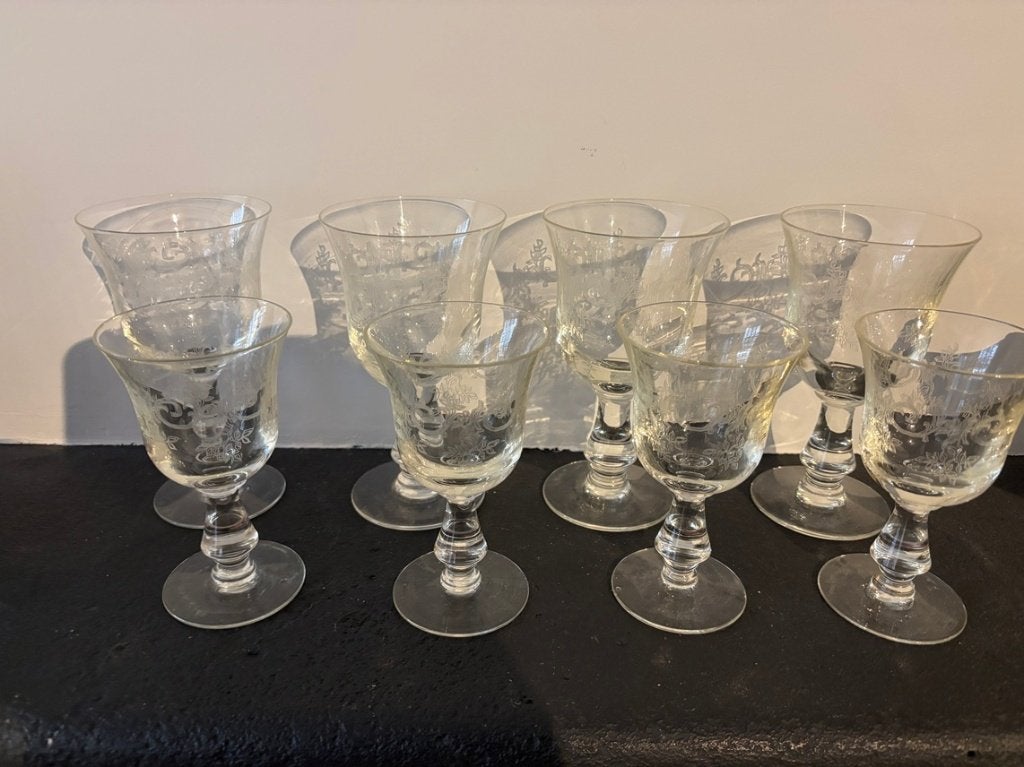 8 antieke geëtste glazen, Antiek en Kunst, Ophalen of Verzenden