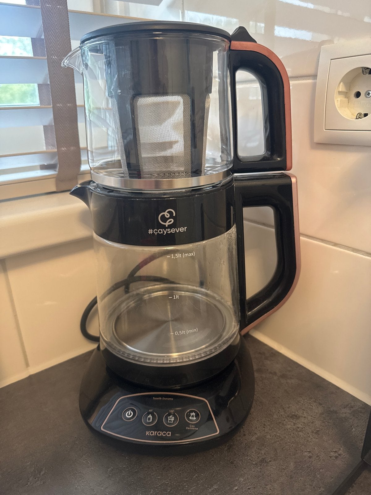 Karaca Çaysever Theemachine - Zwart/Koper, Witgoed en Apparatuur, 1 tot 2 liter, Ophalen of Verzenden, Zo goed als nieuw