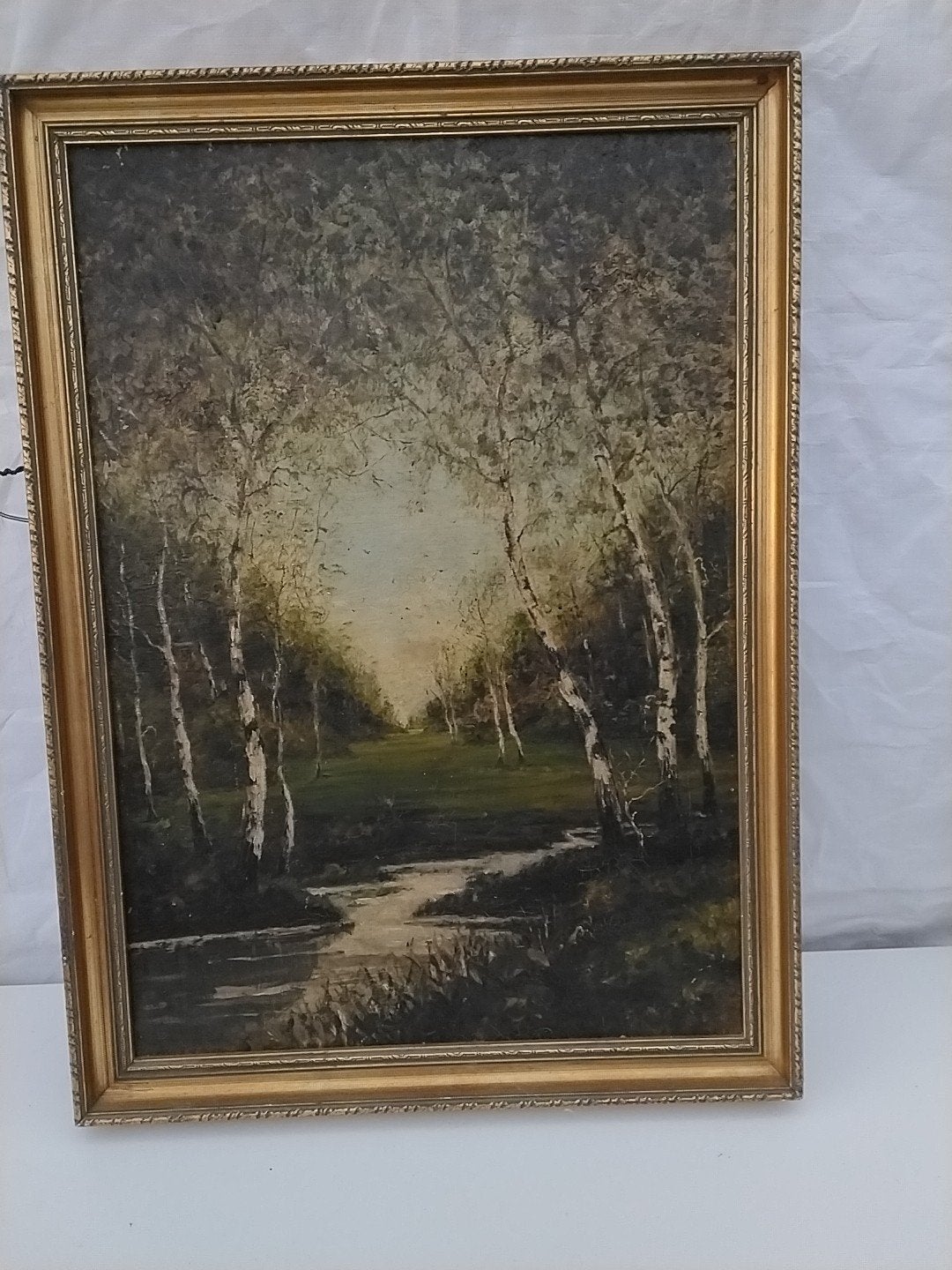 Schilderij boslandschap met beek op paneel 51x70 cm, Paneel, Ingelijst, Realistisch, Ophalen of Verzenden