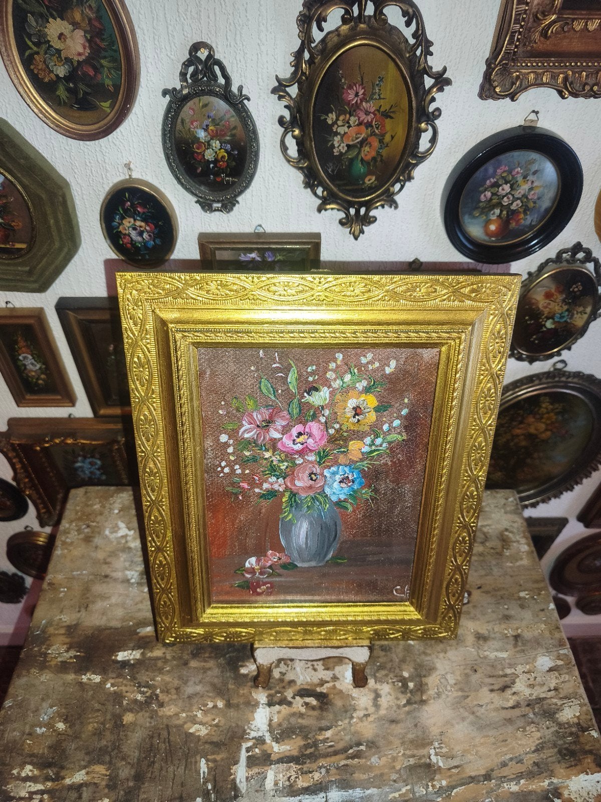 Miniatuur schilderijtje lijstje met bloemen Z31, Antiek en Kunst, Ophalen of Verzenden