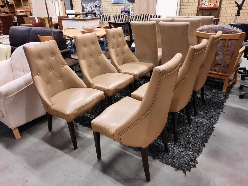 6 stoelen met lichtbruine kunstleren bekleding, Huis en Inrichting, Stoelen, Gebruikt, Vijf, Zes of meer stoelen, Kunststof, Metaal