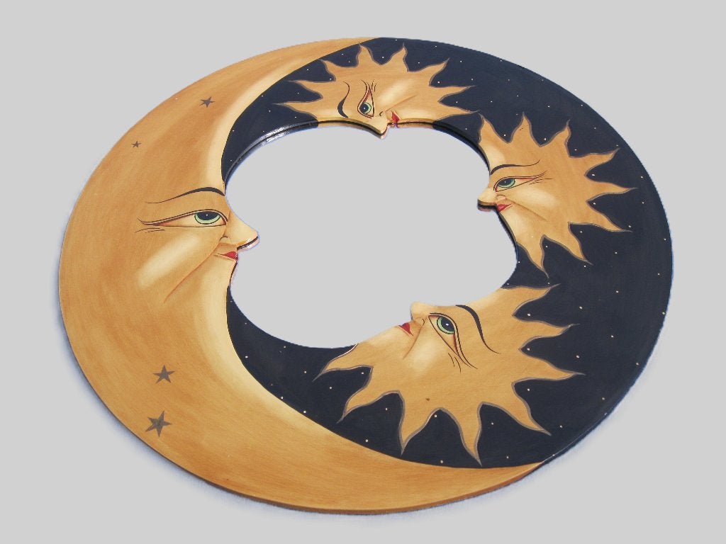 Retro grote reliefspiegel zon / maan in hout., Antiek en Kunst, Curiosa en Brocante, Ophalen