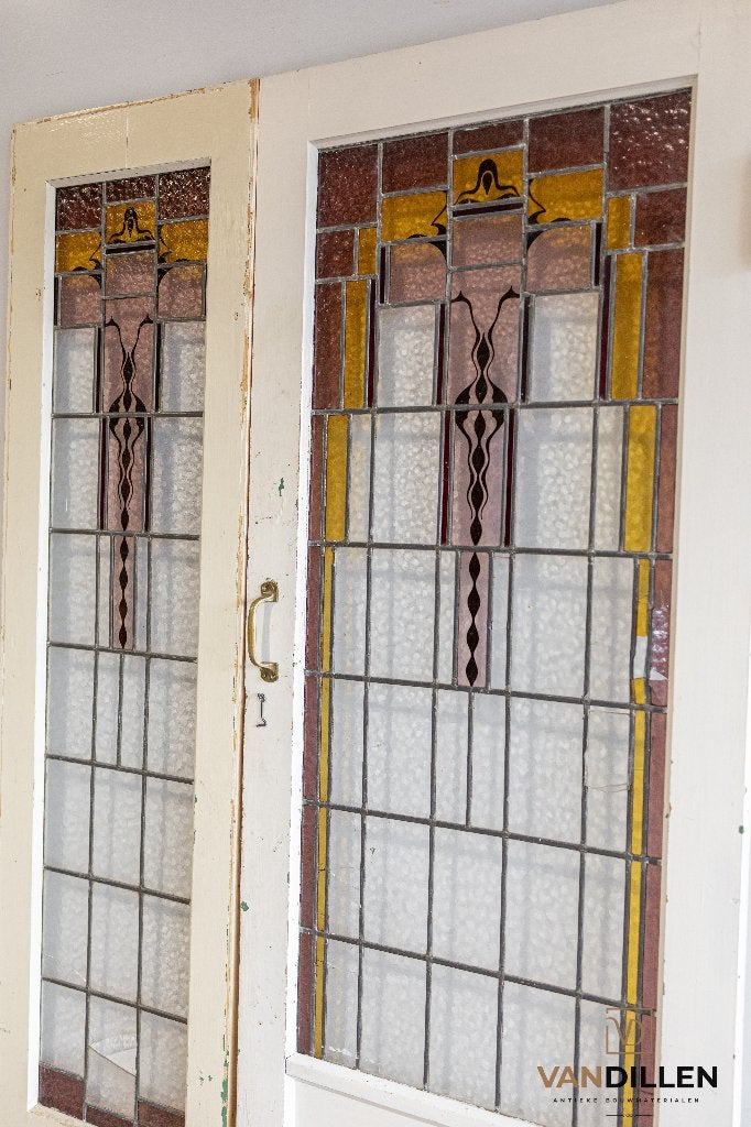 Oude deuren glas in lood art deco met zijstuk, Gebruikt, 120 cm of meer, Binnendeur, Ophalen of Verzenden