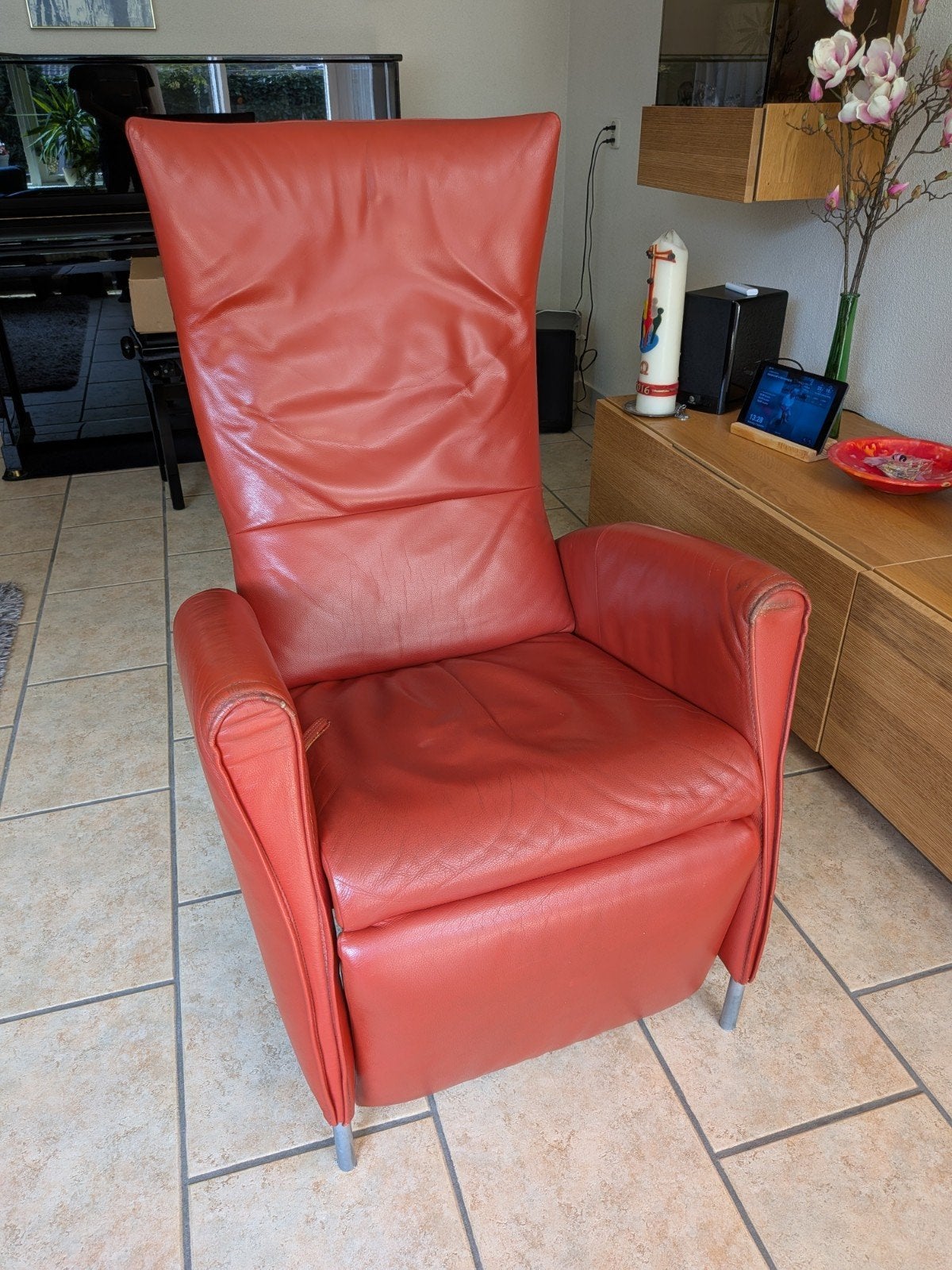Rode leren relaxfauteuil - Jori, Gebruikt, 100 tot 125 cm, Leer, Ophalen of Verzenden