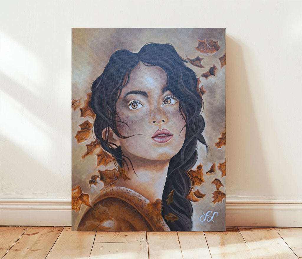 Hand-Painted Autumn Woman Portrait. (40x50 cm), Acrylverf, Portret of Personen, Surrealisme, Gesigneerd