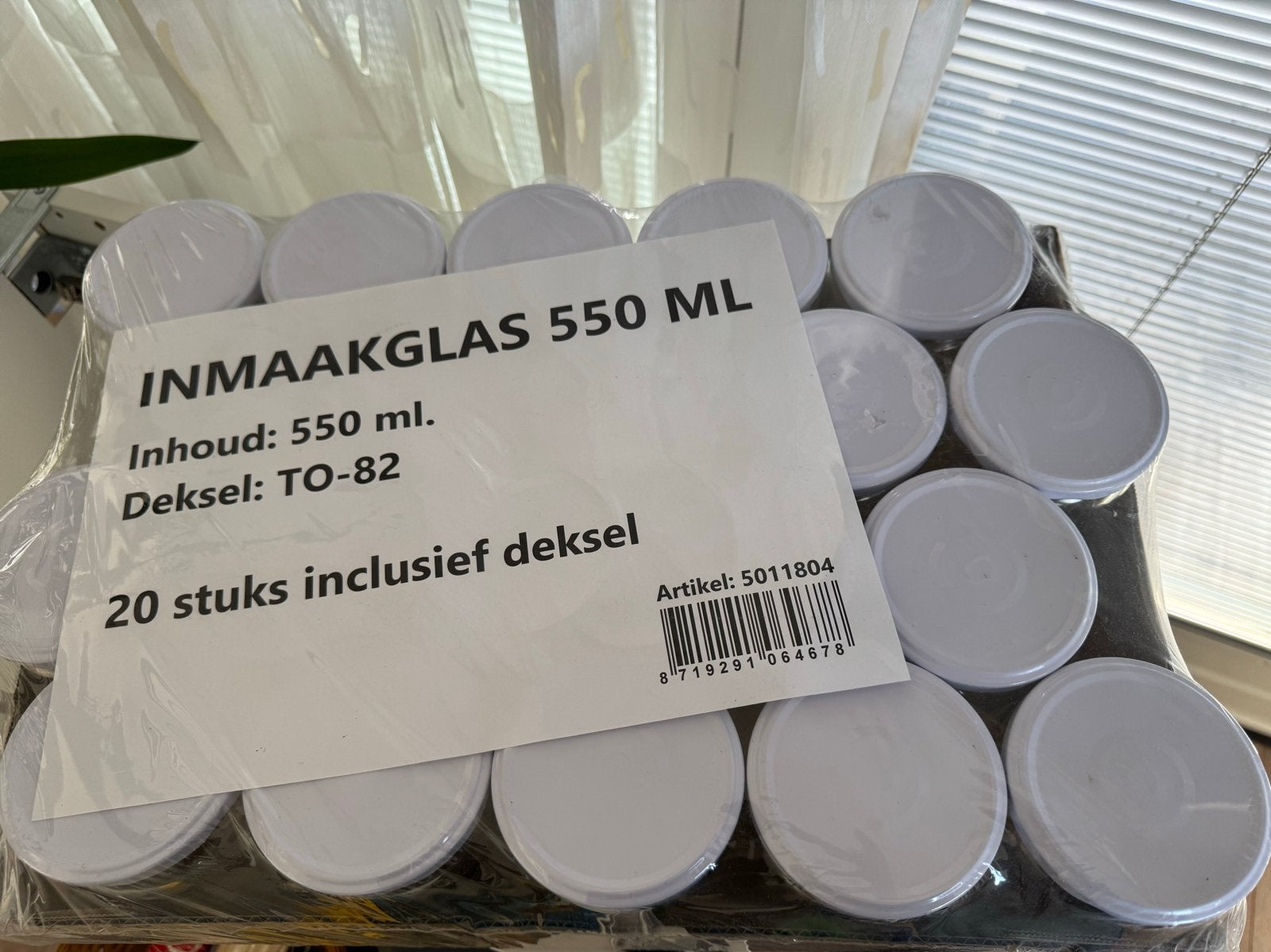 20 Inmaakglazen 550 ml met deksel - Nieuw, Glas, Nieuw, Ophalen of Verzenden, Voorraadpot