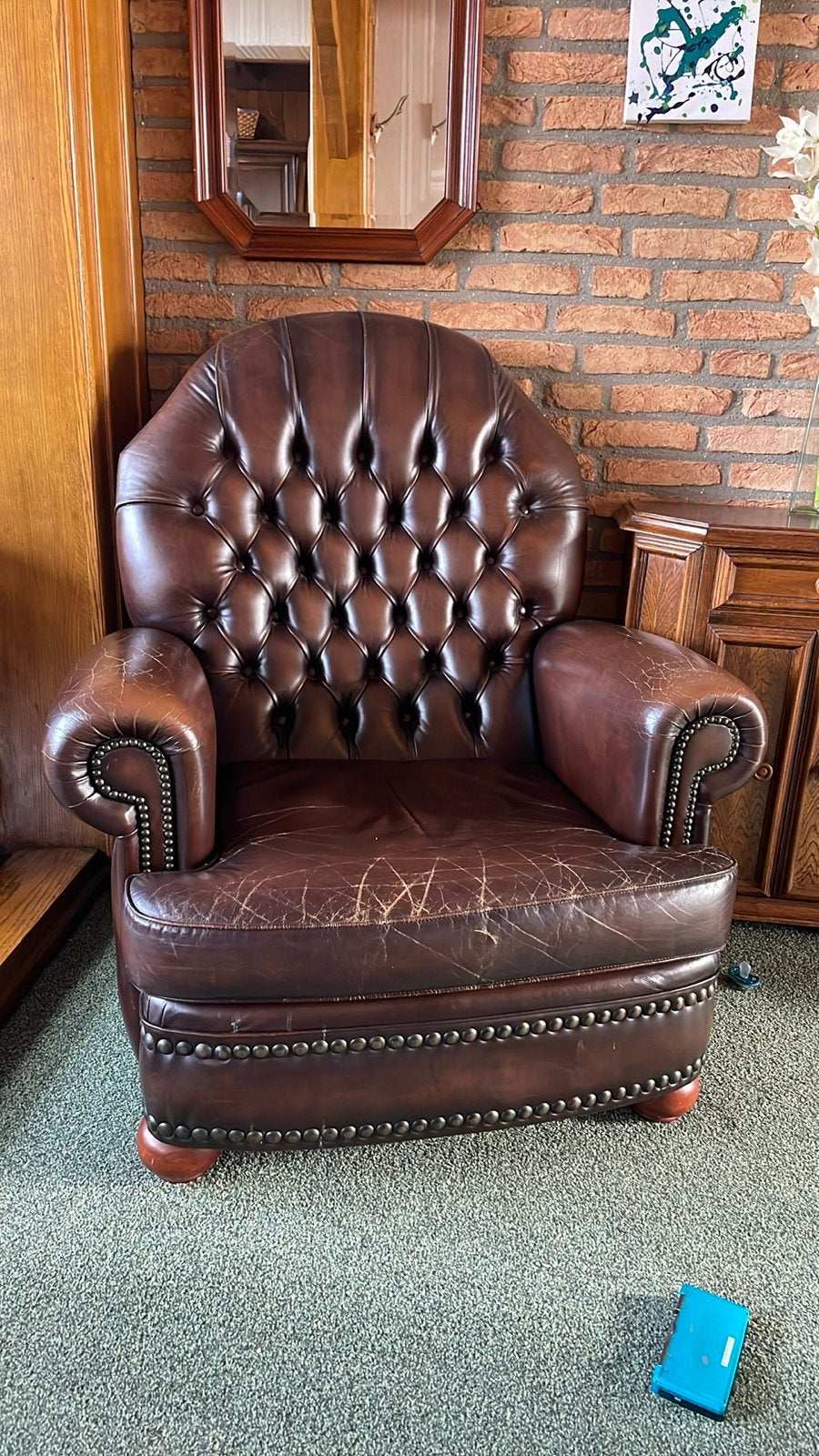 2 Vintage Leren Chesterfield Fauteuil - Bruin, Ophalen, Gebruikt, Leer, 75 tot 100 cm