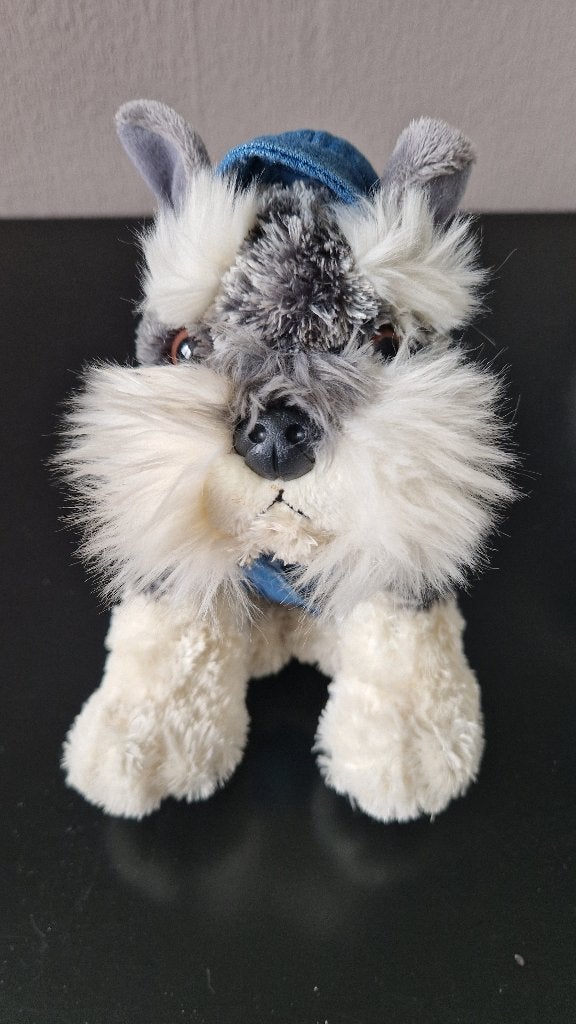 Schnauzer pluchen hondje met jeans panterprint jasje en pet, Overige merken, Overige karakters, Grijs, Zo goed als nieuw