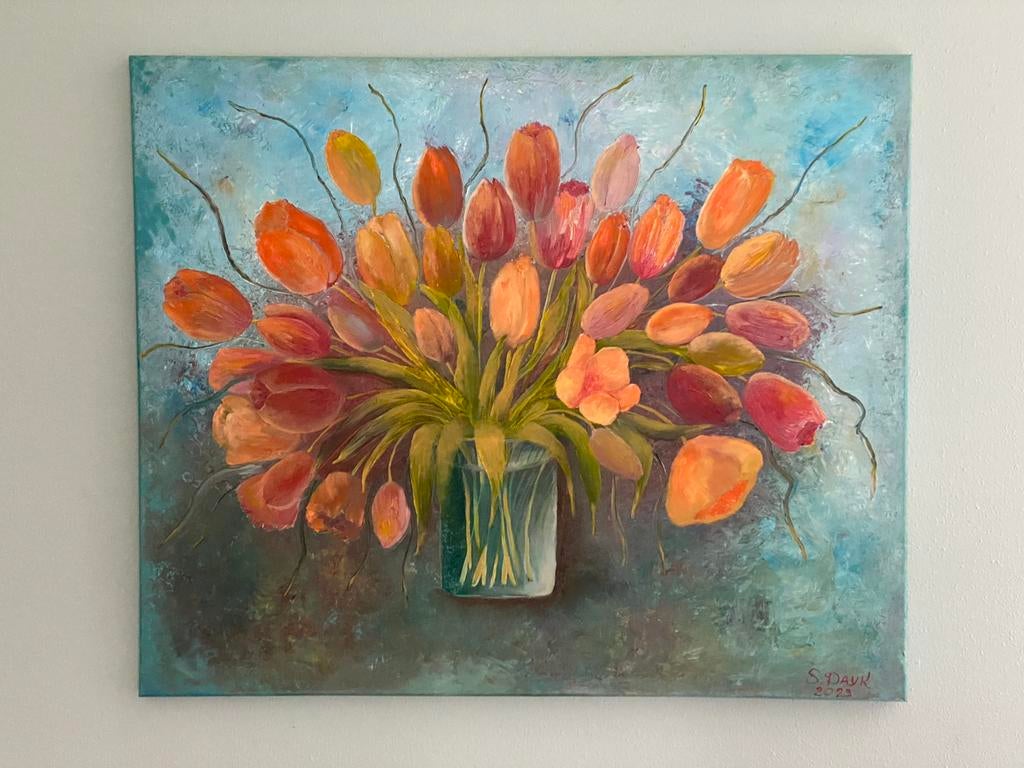 Tulpen, olieverf schilderij 120X100 cm, Ophalen