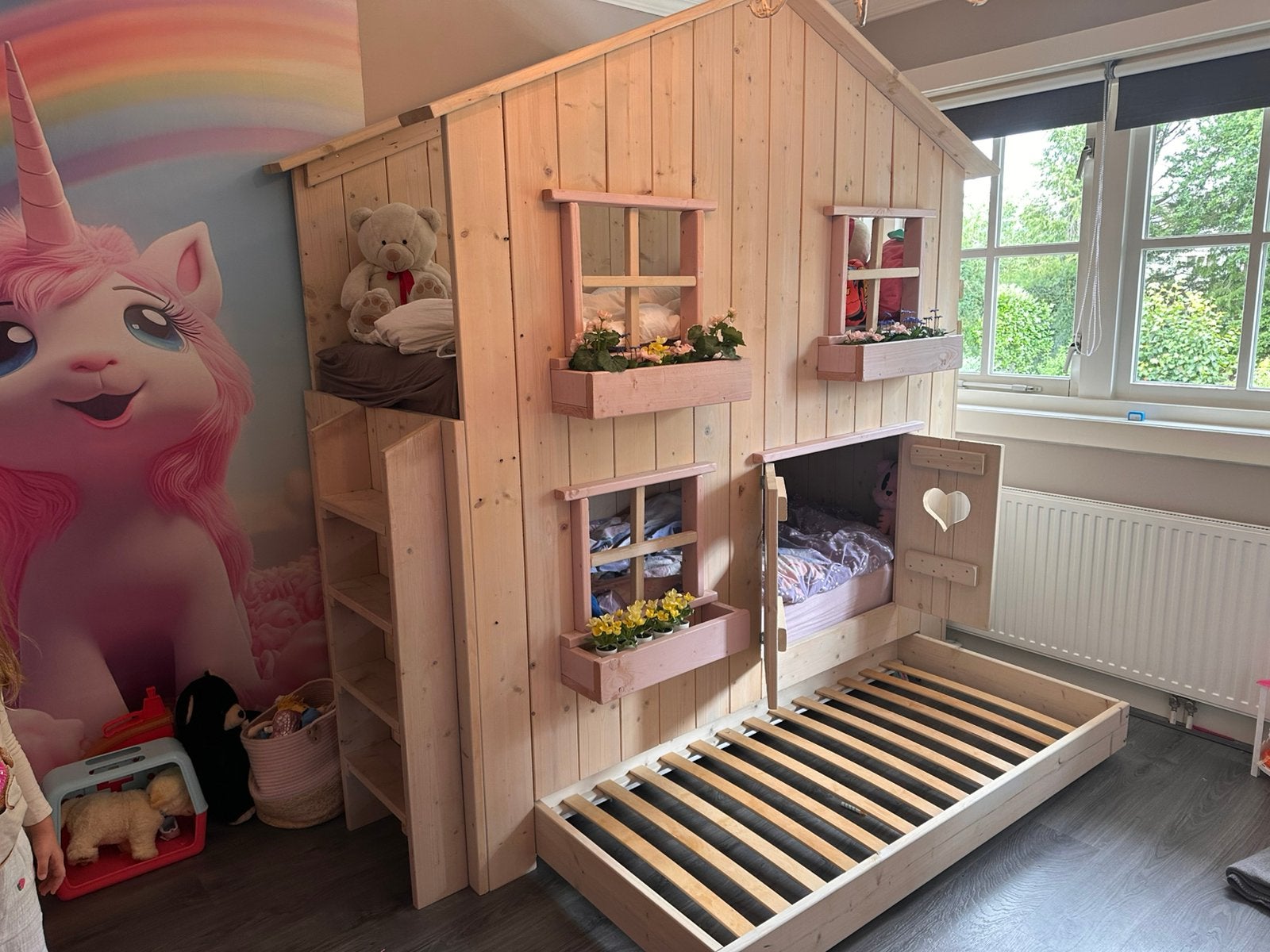 Stapelbed huisje, 3 persoons, Ophalen, 85 tot 100 cm, Gebruikt, Hoogslaper of Stapelbed