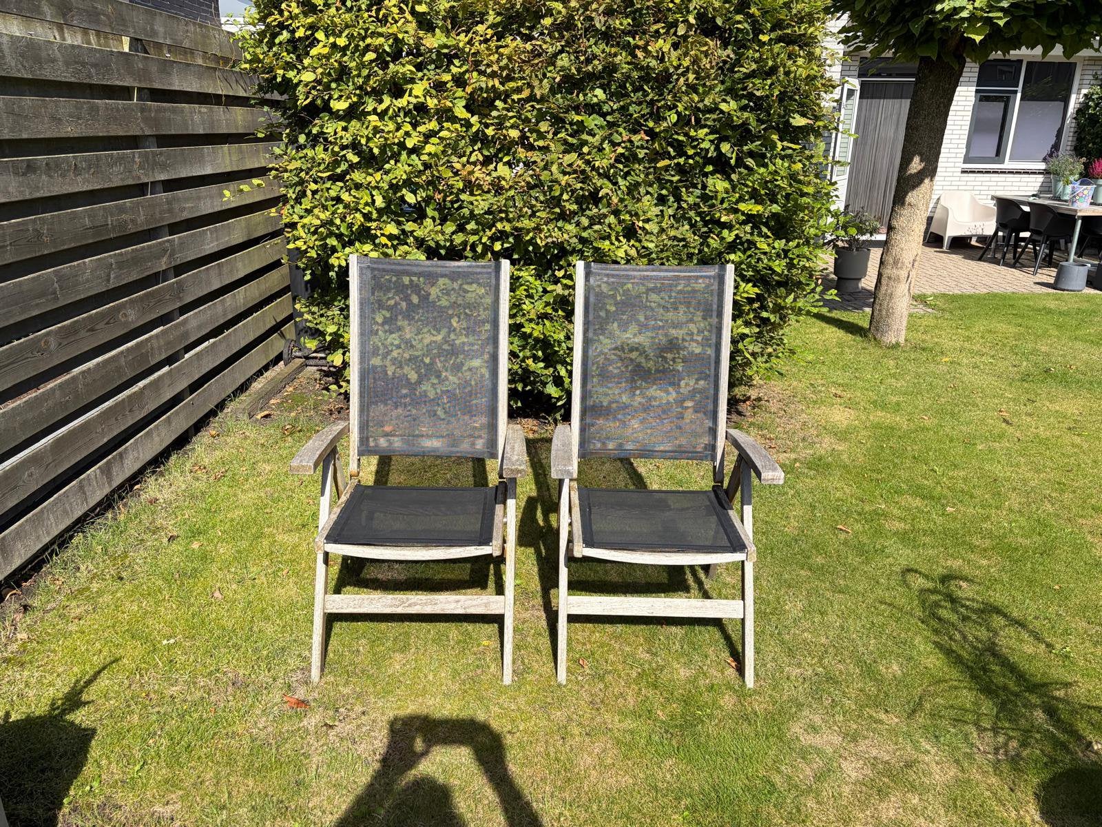 2x queens teak houten stoelen, Ophalen, Gebruikt, Teakhout, Inklapbaar