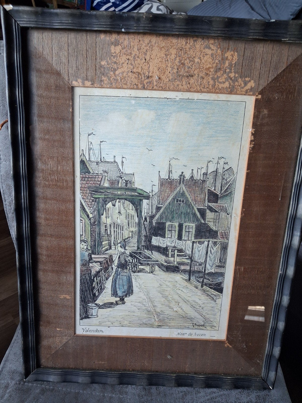 Antieke  Ets/pentekening ? "Volendam Naar De Haven", Antiek en Kunst, Ophalen of Verzenden