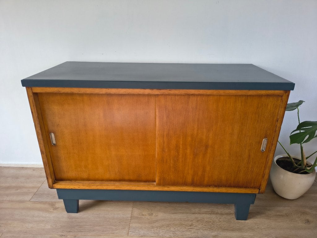 Mid-century dressoir kast - Teak & Petrol blue, Met plank(en), 100 tot 150 cm, Ophalen of Verzenden, Zo goed als nieuw