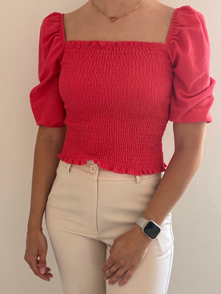 Costes koraalrode top met pofmouw - Maat XS, Ophalen of Verzenden, Zo goed als nieuw, Korte mouw, Maat 34 (XS) of kleiner