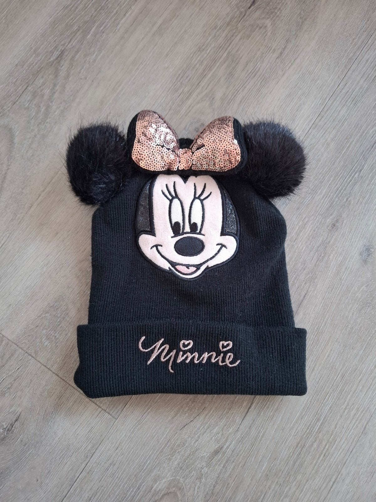 Minnie Mouse glitter muts zwart rose gold 128/146, Meisje, H&M, Ophalen of Verzenden, Zo goed als nieuw