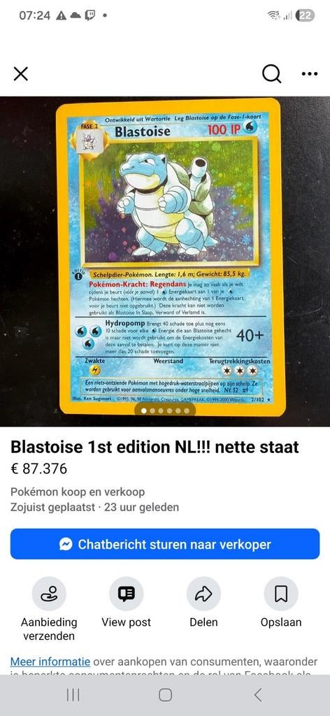 Blastoise 1st edition NL Pokémon kaart - Nette staat, Ophalen of Verzenden, Zo goed als nieuw, Losse kaart