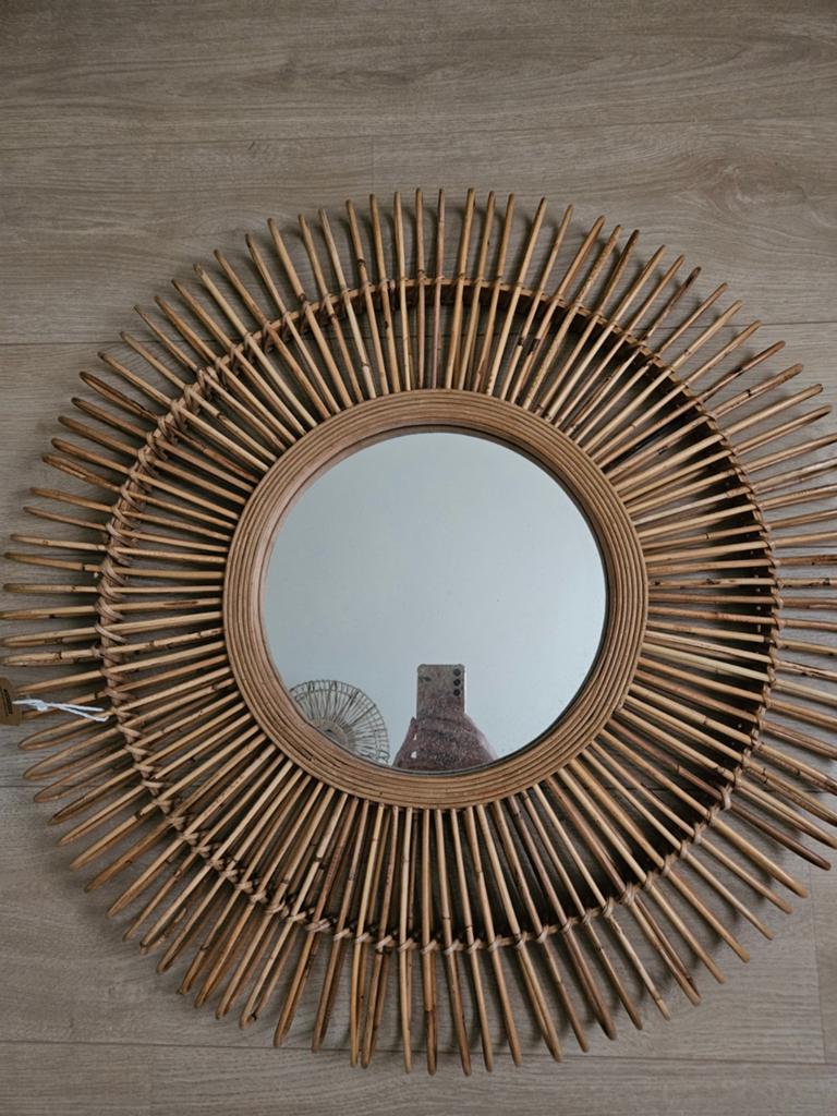 Xenos rotan/bamboe spiegel, nieuw!, Ophalen, Nieuw, Rond, Minder dan 100 cm