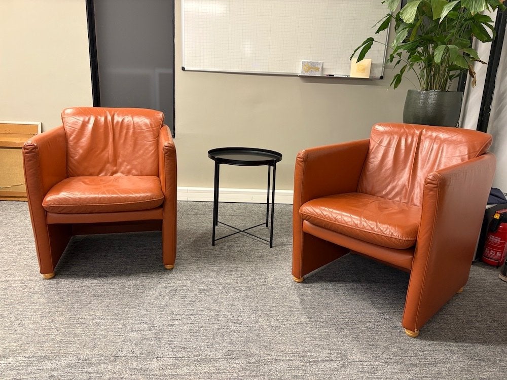 Set van 2 Touche leren fauteuils – Cognac – Design – Vintage, Ophalen, Gebruikt, Minder dan 75 cm, Leer