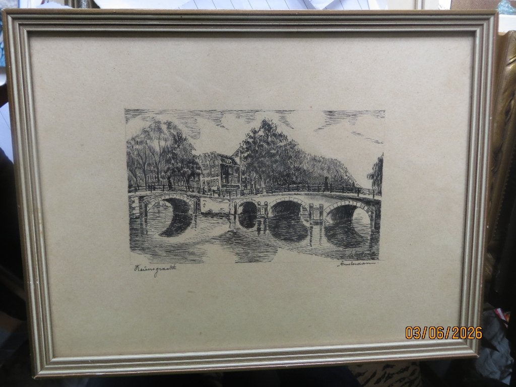 AMSTERDAM, Keizersgracht, Klein ingelijst Gesign Etsje, Antiek en Kunst, Kunst | Etsen en Gravures, Ophalen of Verzenden