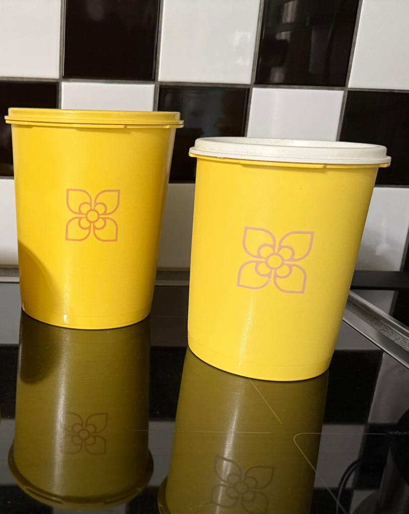 2 Vintage Tupperware Zonnedeksel voorraadbussen, Ophalen of Verzenden, Gebruikt, Wit, Bus of Trommel