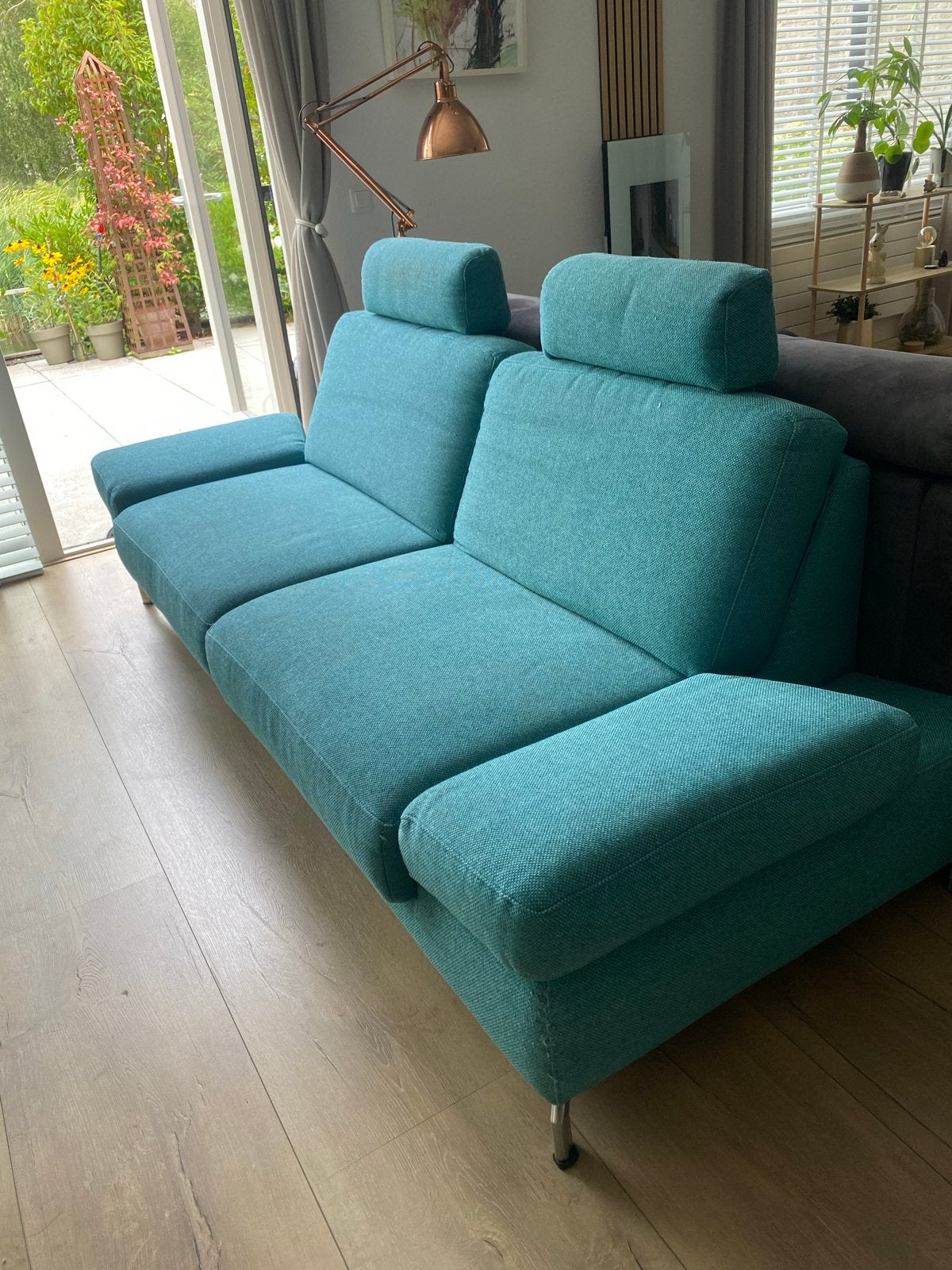 Turquoise bank met uitschuifbare zitting, Huis en Inrichting, Ophalen, Gebruikt, Driepersoons, 75 tot 100 cm