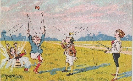 Getekend Donadini jr. humor diabolo spelen/oud, Verzamelen, Verzenden, 1940 tot 1960, Gelopen, Overige thema's