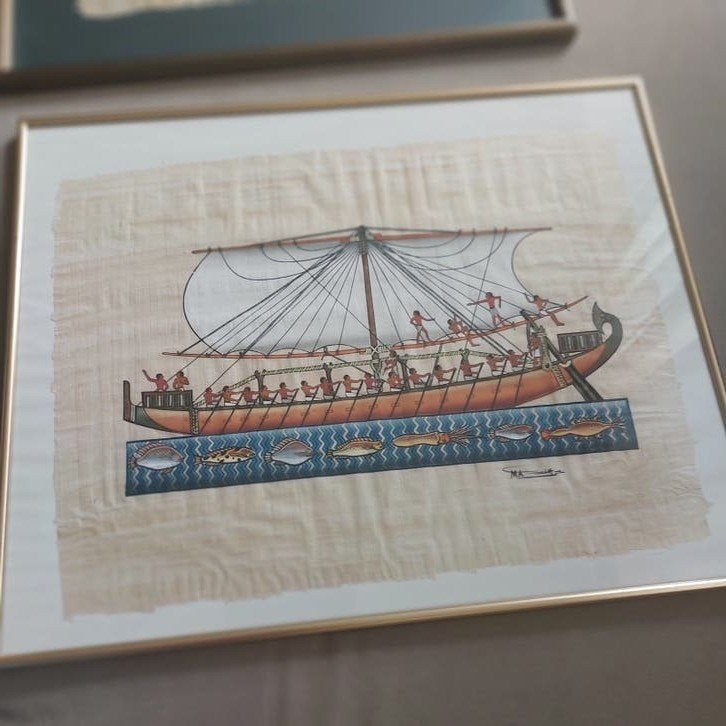 Oud Egyptisch schilderij op papyrus - Roeiboot, Maritiem / water, Ophalen of Verzenden, Klassiek, Papier