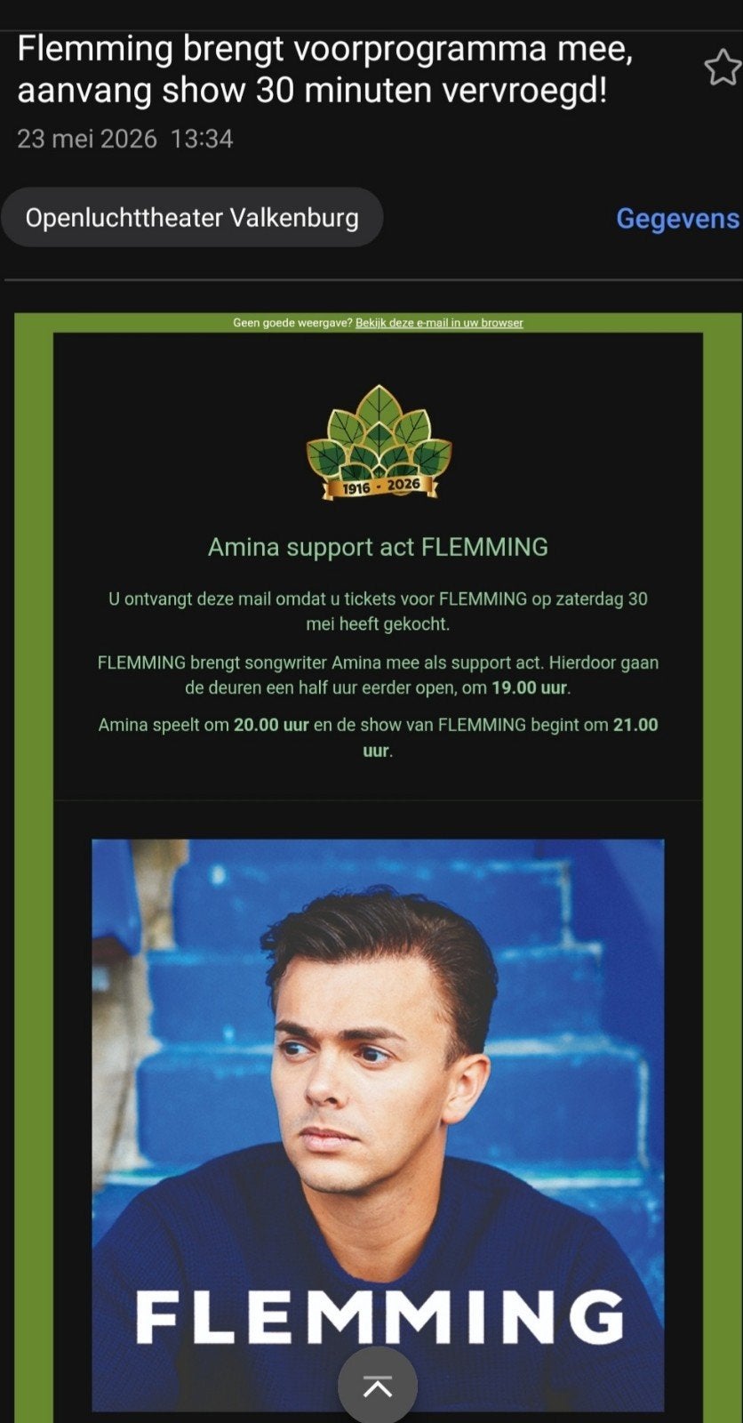 FLEMMING, concert in Valkenburg op 31 mei, Eén persoon, Mei