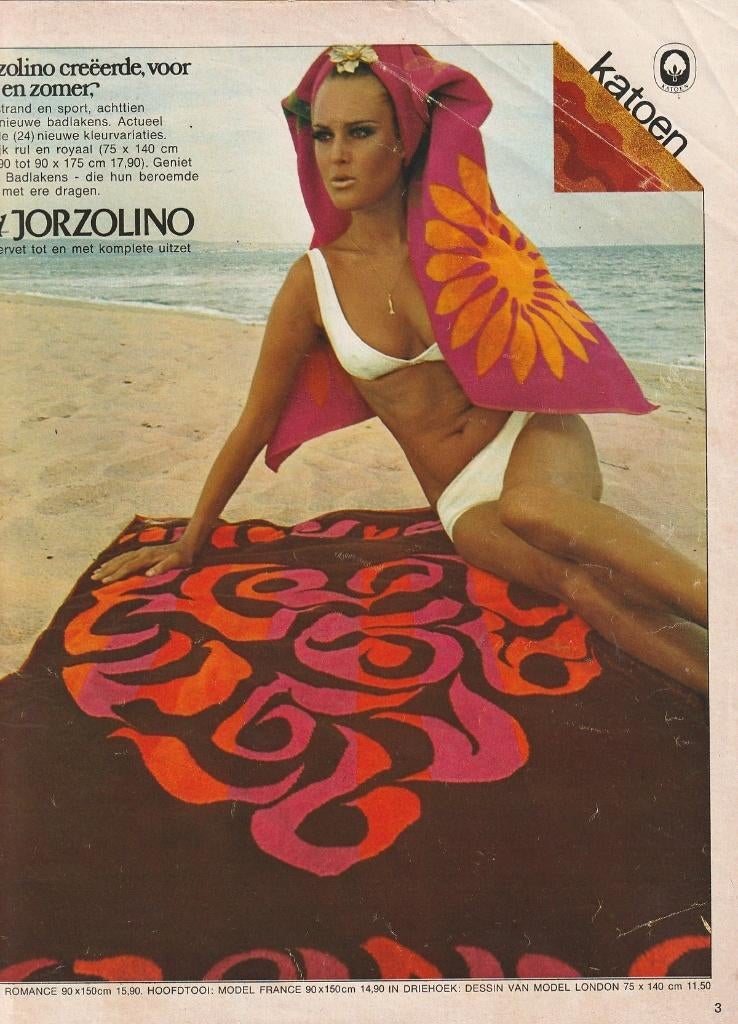 retro reclame 1969 Jorzolino handdoeken vrouw bikini, Verzamelen, Verzenden, Overige typen