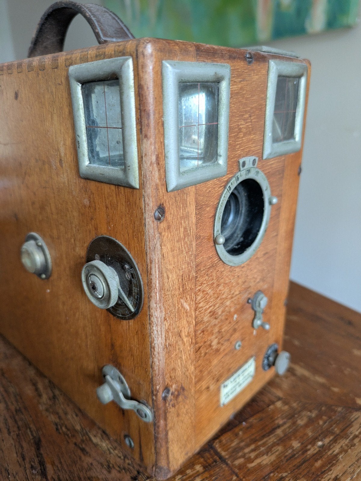 Antieke houten camera met lederen handvat, Ophalen of Verzenden