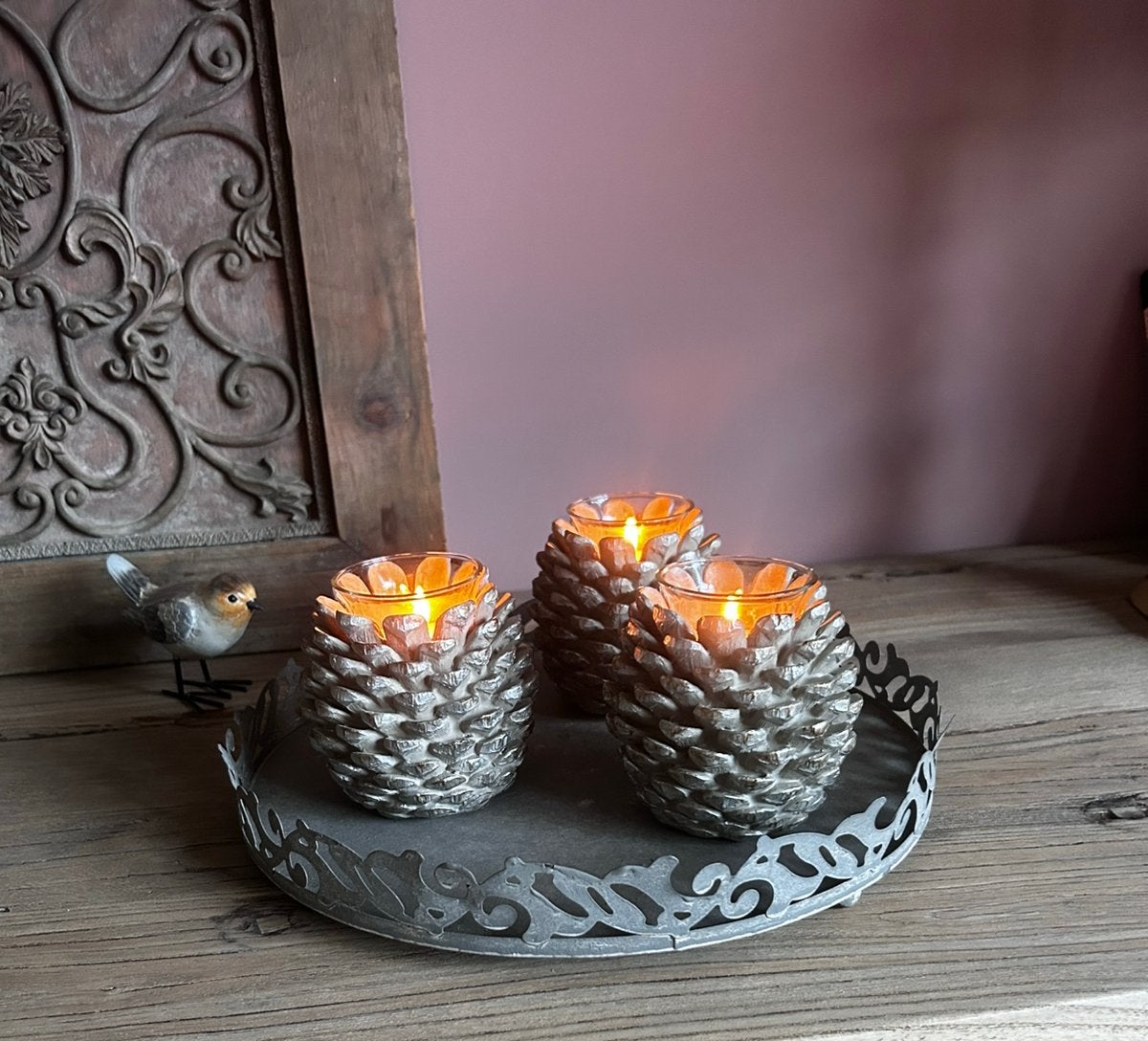 3 sfeerlichtjes dennenappel voor de herfst, Ophalen of Verzenden, Zo goed als nieuw