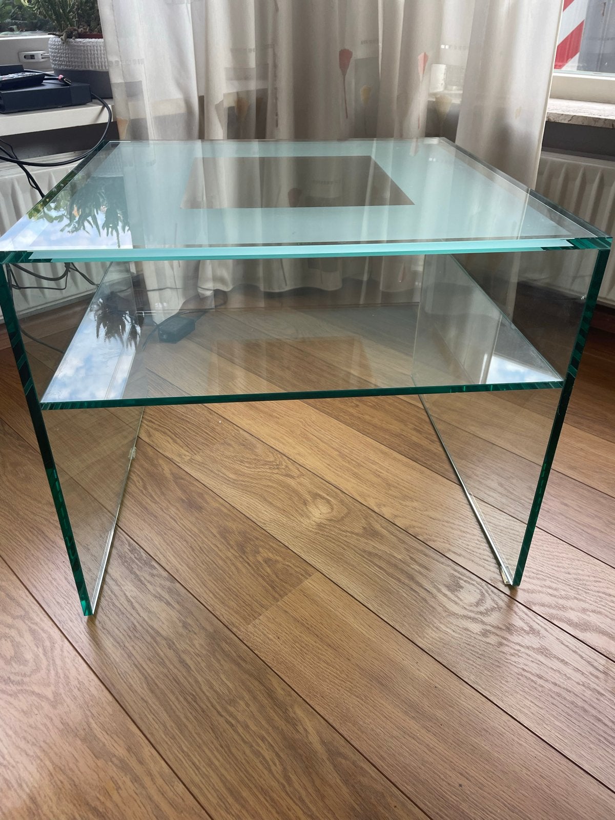 Glazen salontafel met extra plank - 60x60x50 cm, Ophalen, Minder dan 50 cm, Gebruikt, 50 tot 100 cm