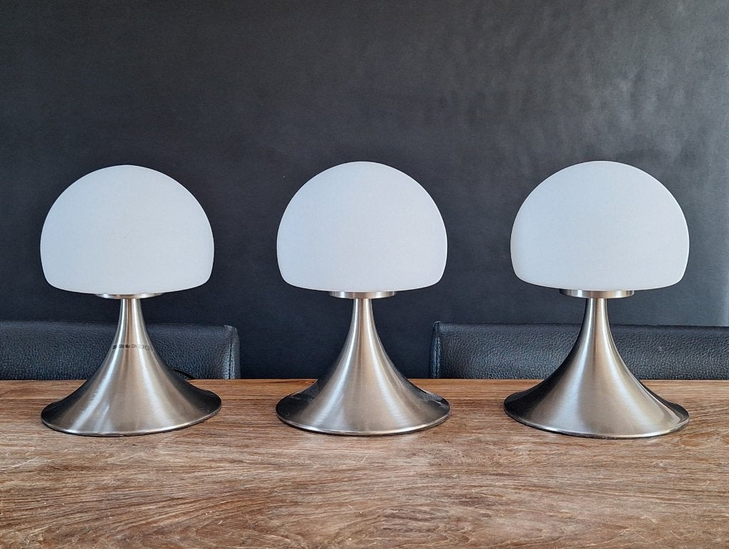 3st retro EHDP design touch tafel-lamp rvs mushroom h 21cm, Ophalen of Verzenden, Zo goed als nieuw, Glas